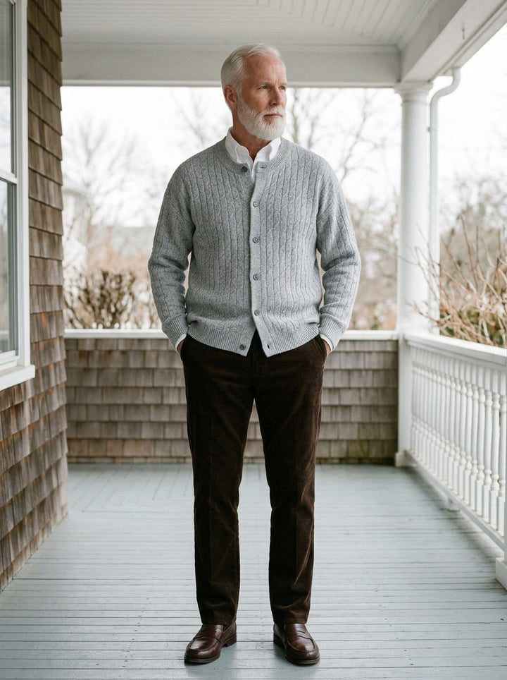 Pryce heathered cable crew neck cardigan in Light Grey, lifestyle on a covered porch, Gentlemens Manor