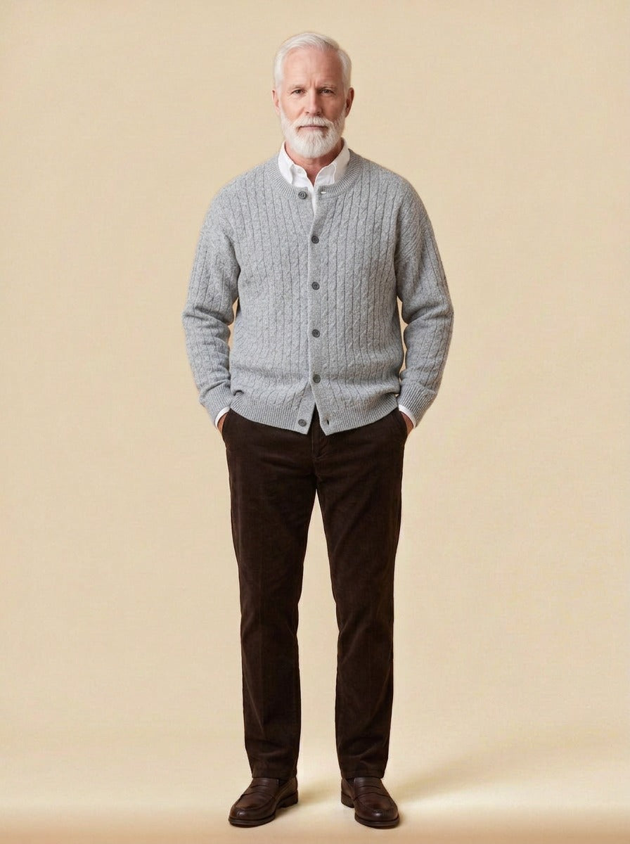 Pryce heathered cable crew neck cardigan in Light Grey, studio, Gentlemens Manor