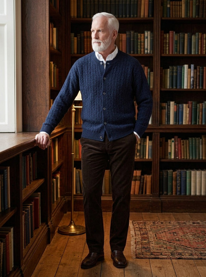 Pryce heathered cable crew neck cardigan in Navy, lifestyle in a private study, Gentlemens Manor