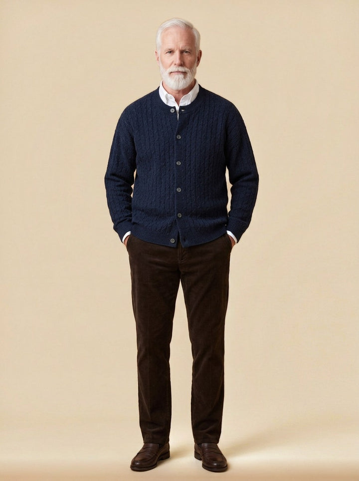 Pryce heathered cable crew neck cardigan in Navy, studio, Gentlemens Manor