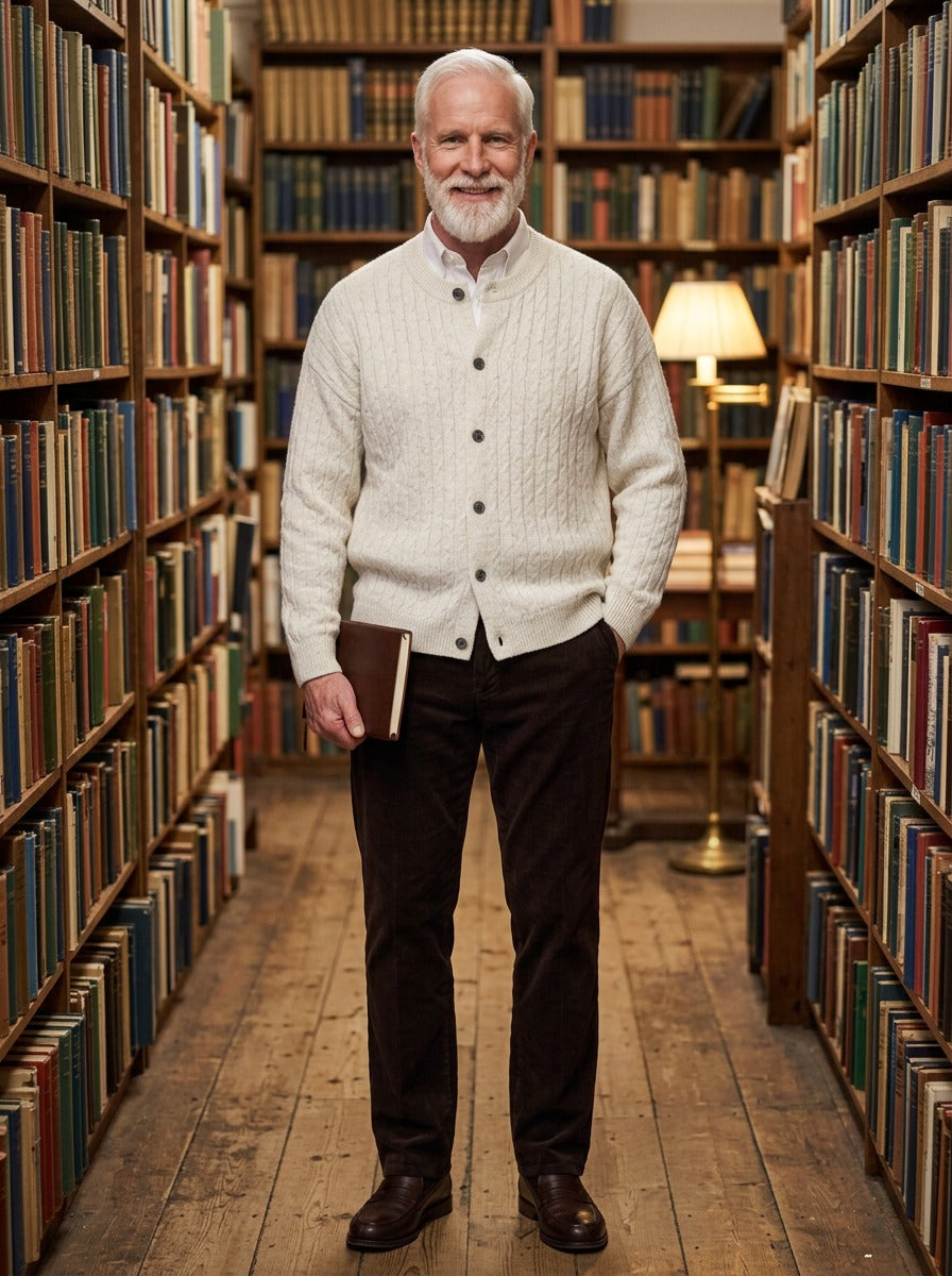 Pryce heathered cable crew neck cardigan in White, lifestyle in a secondhand bookshop, Gentlemens Manor