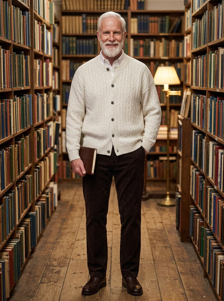 Pryce heathered cable crew neck cardigan in White, lifestyle in a secondhand bookshop, Gentlemens Manor