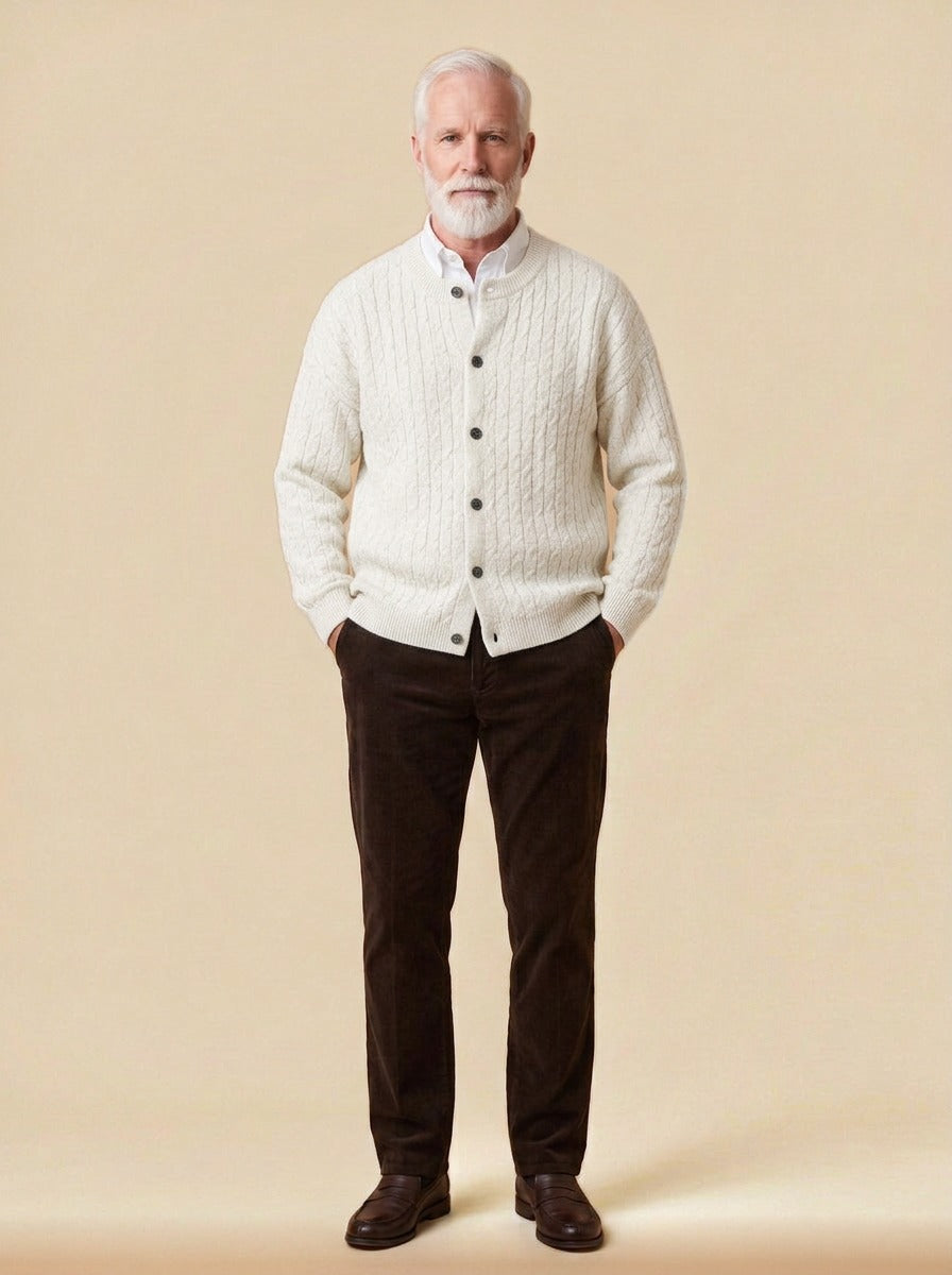 Pryce heathered cable crew neck cardigan in White, studio, Gentlemens Manor