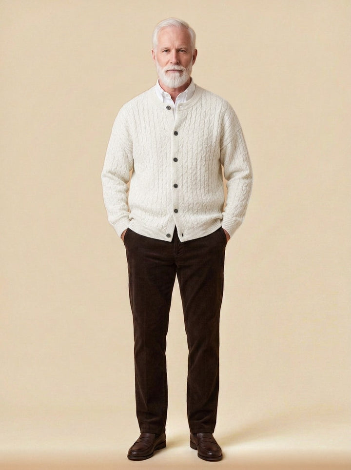 Pryce heathered cable crew neck cardigan in White, studio, Gentlemens Manor