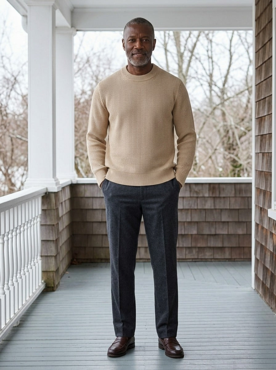 Pryor sweater in Beige, lifestyle on a covered porch, Gentlemens Manor
