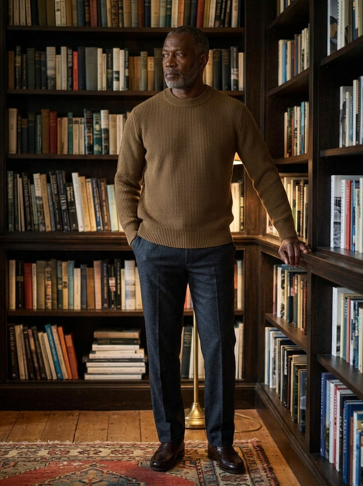 Pryor sweater in Brown, lifestyle in a private study, Gentlemens Manor