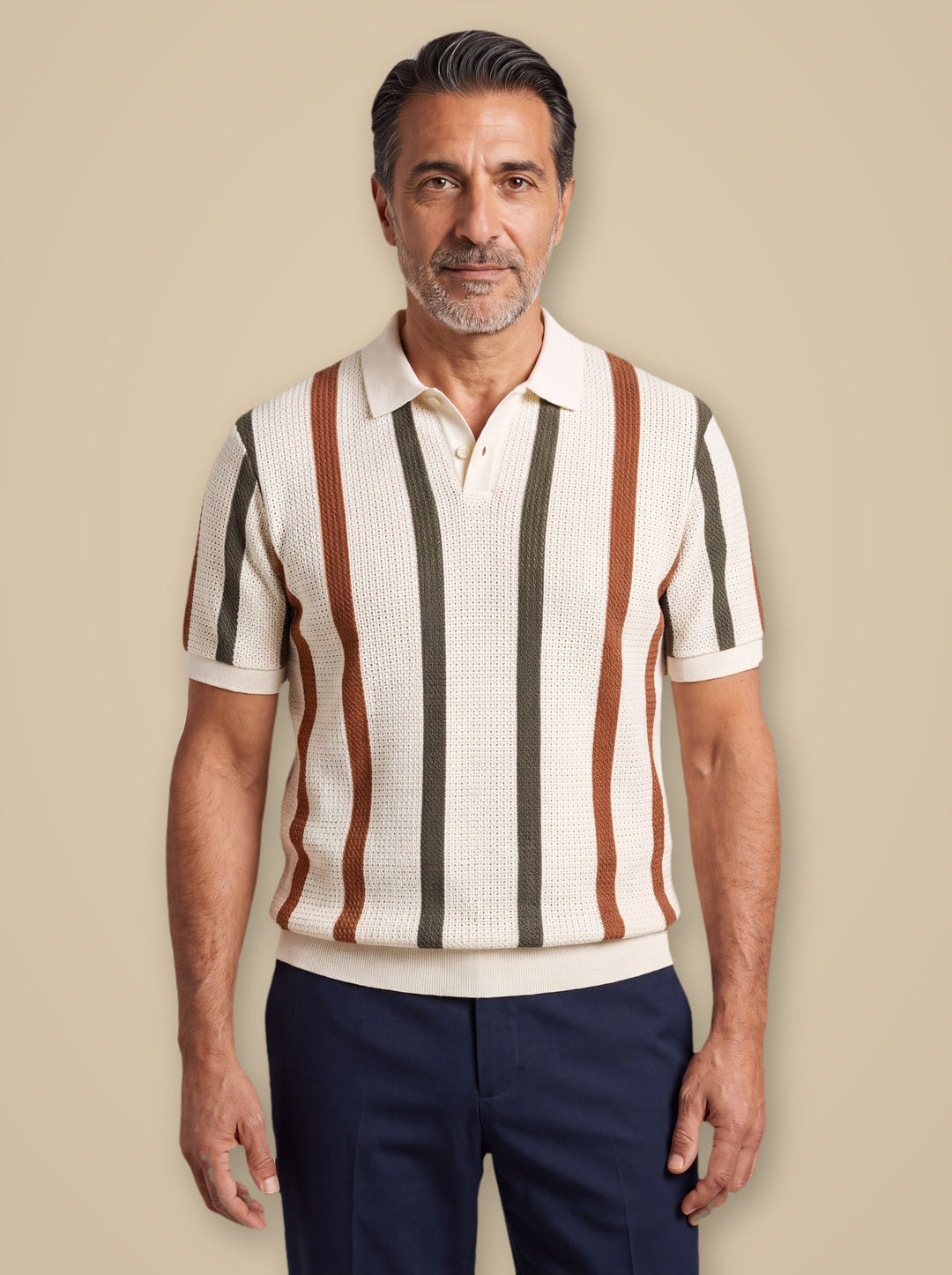 Quincy polo shirt in Beige, worn by a model on a warm taupe studio background - Gentlemens Manor