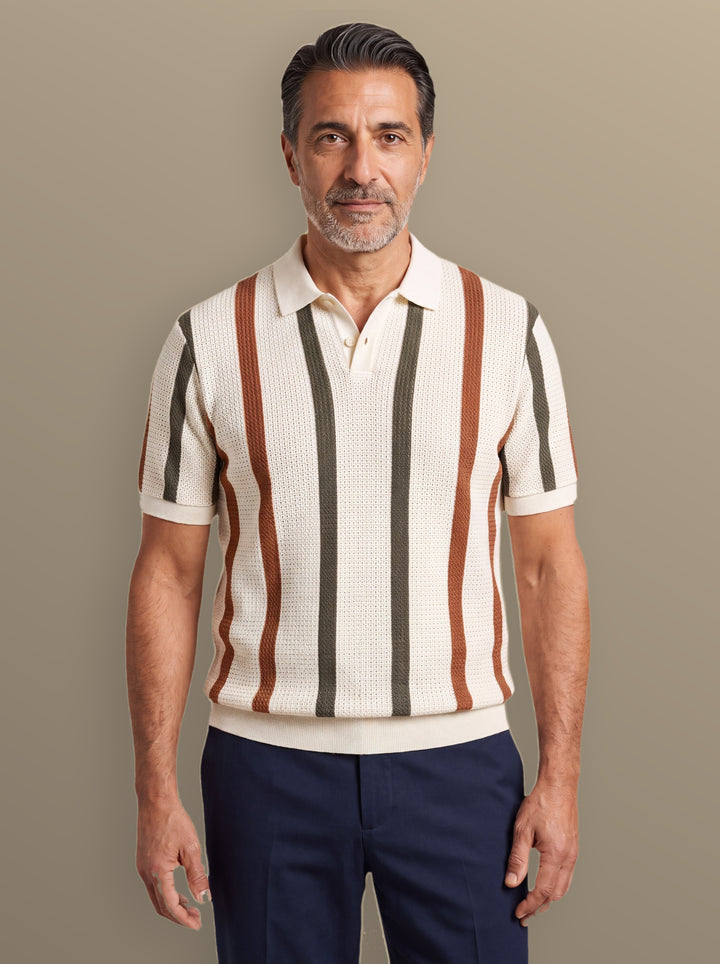 Quincy polo shirt in Beige, worn by a model on a warm taupe studio background - Gentlemens Manor