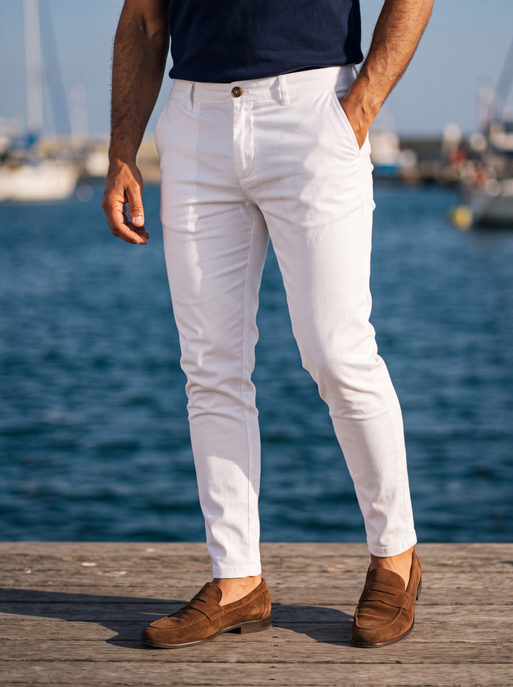 Quinton trousers in White, worn by a model in a Mediterranean setting - Gentlemens Manor lifestyle