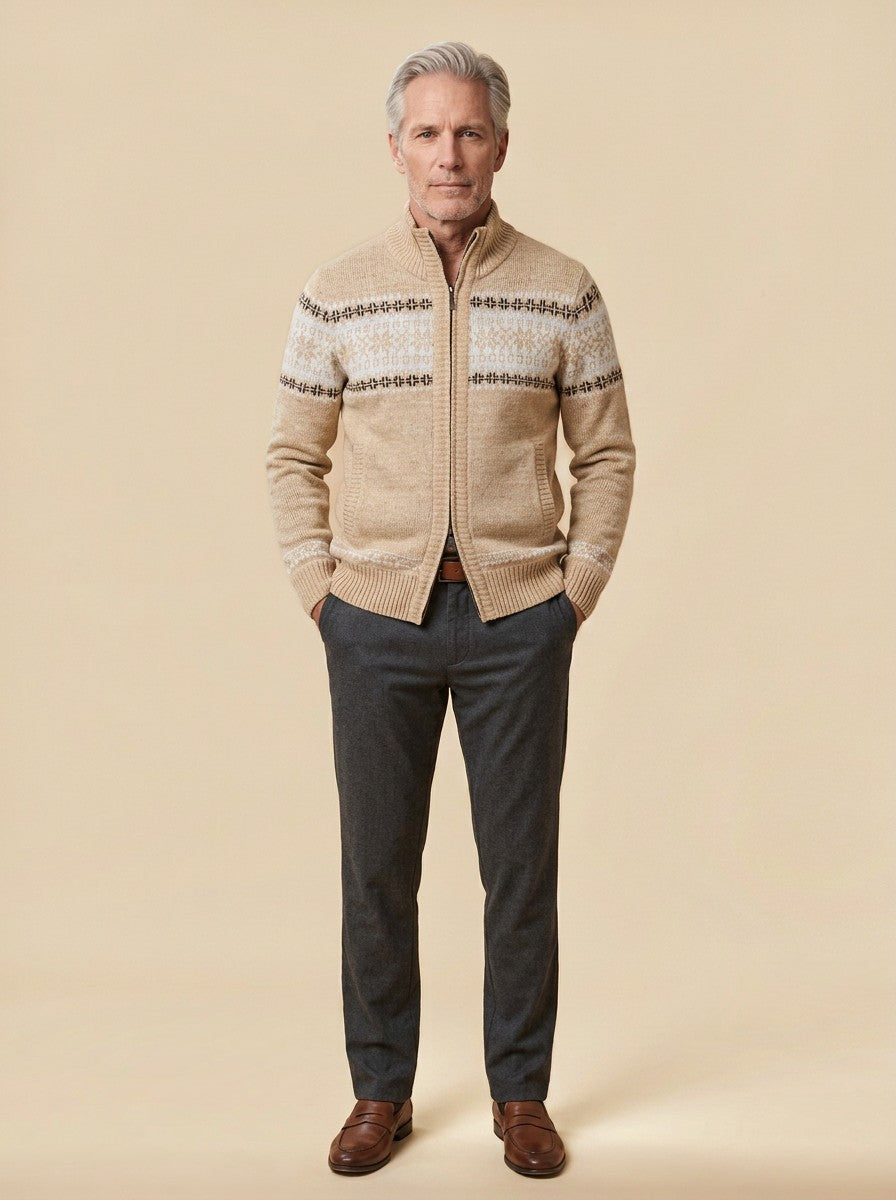 Radcliffe fair isle cardigan in Beige, studio, Gentlemens Manor
