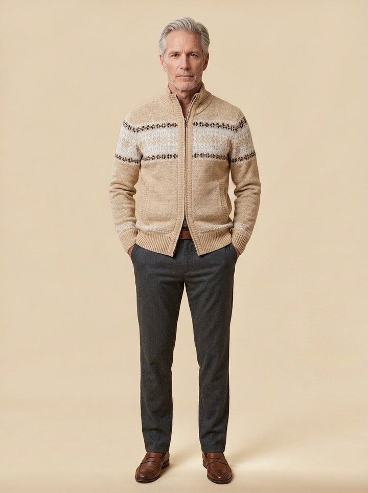 Radcliffe fair isle cardigan in Beige, studio, Gentlemens Manor