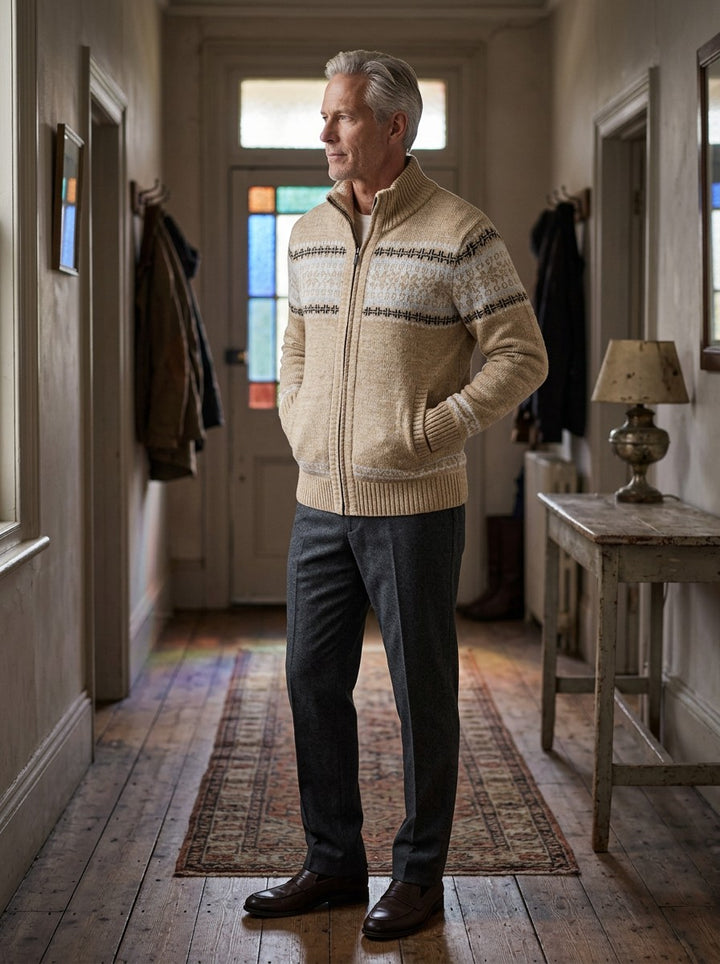 Radcliffe fair isle cardigan in Beige, lifestyle, Gentlemens Manor