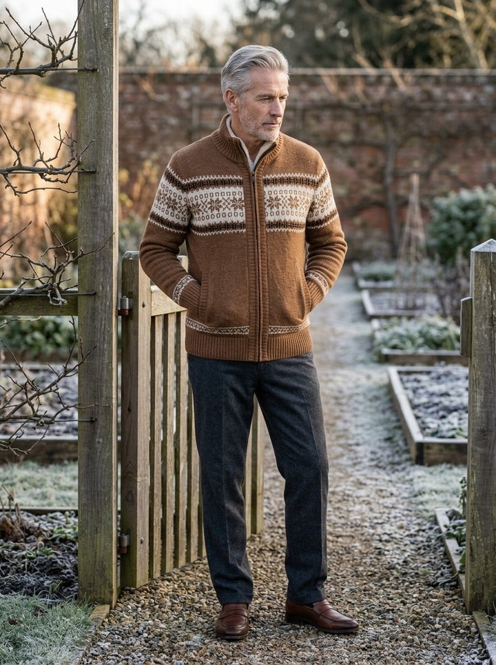 Radcliffe fair isle cardigan in Brown, lifestyle, Gentlemens Manor