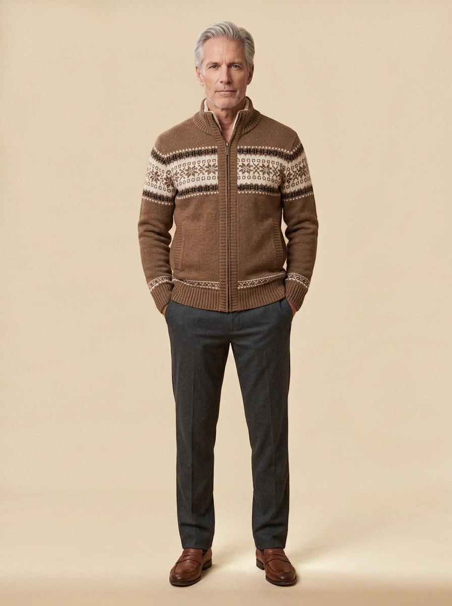 Radcliffe fair isle cardigan in Brown, studio, Gentlemens Manor