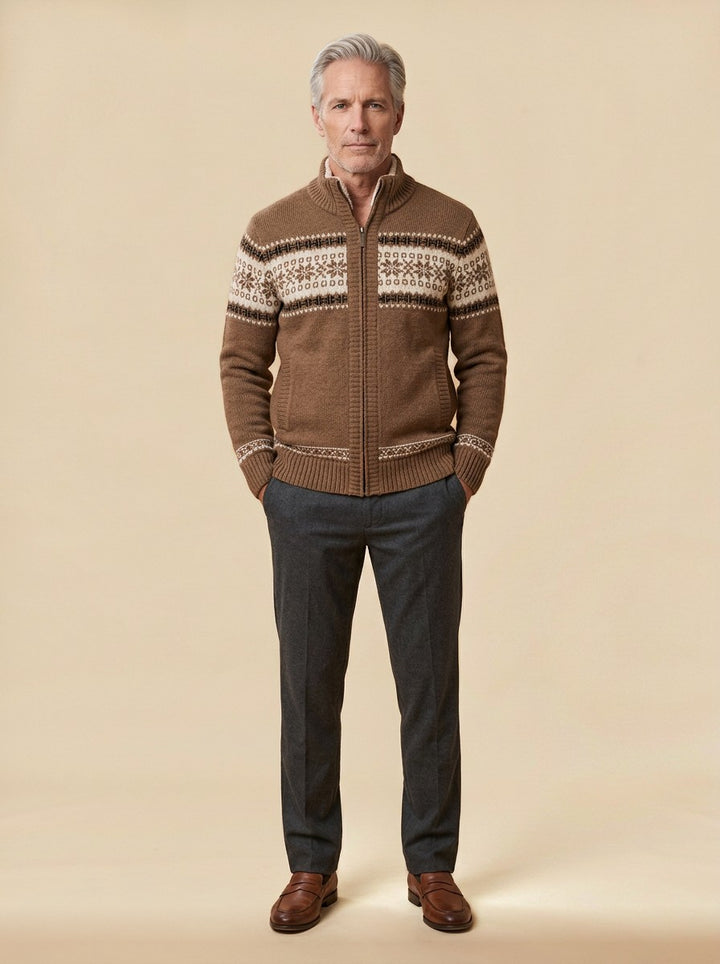 Radcliffe fair isle cardigan in Brown, studio, Gentlemens Manor