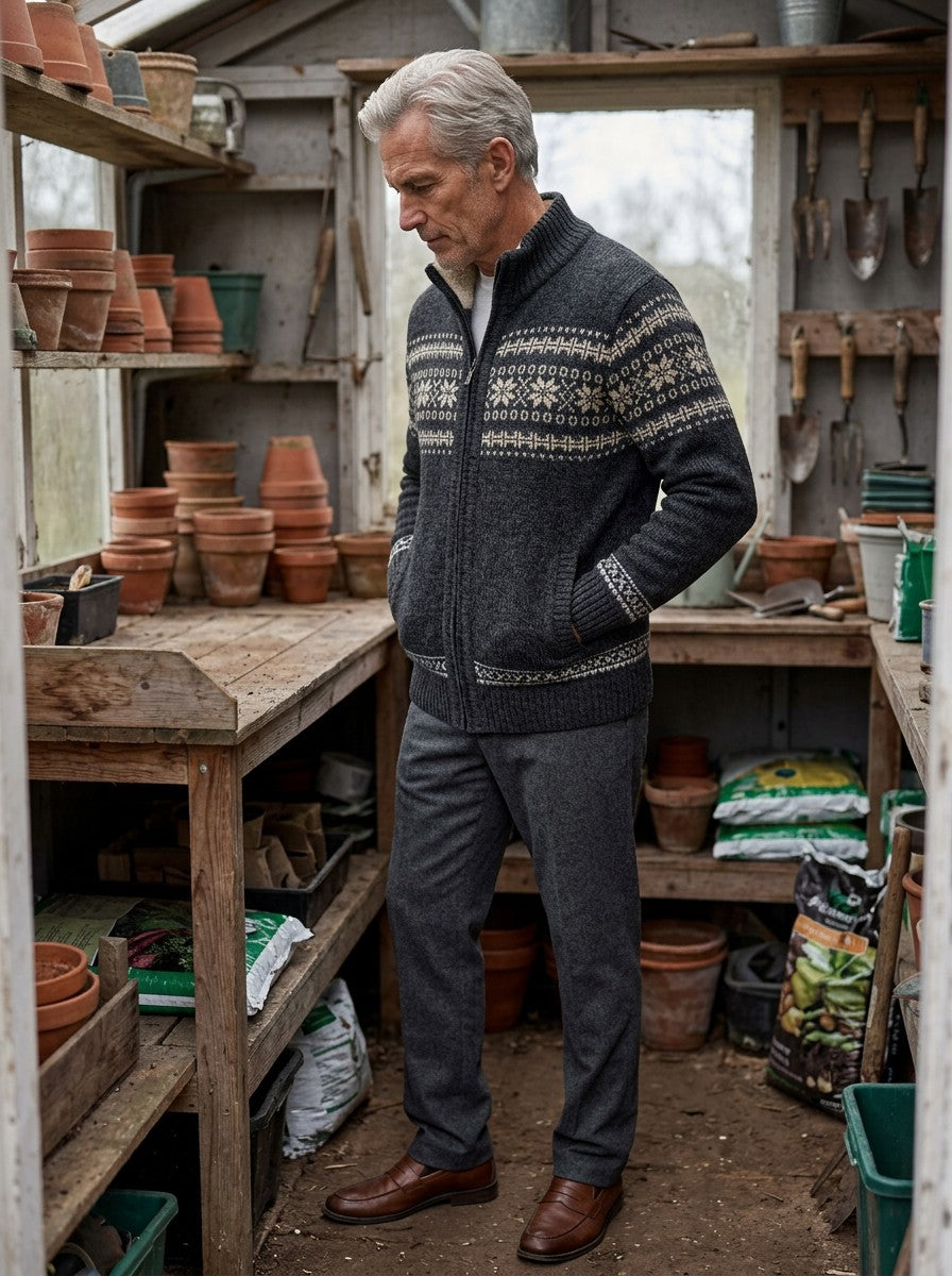 Radcliffe fair isle cardigan in Charcoal, lifestyle, Gentlemens Manor