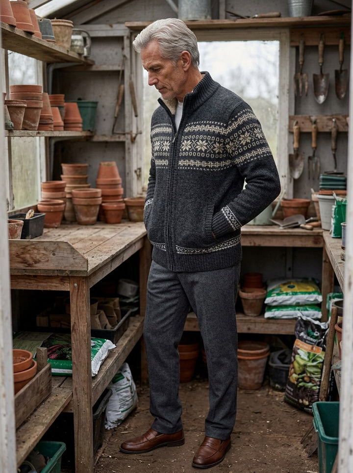 Radcliffe fair isle cardigan in Charcoal, lifestyle, Gentlemens Manor