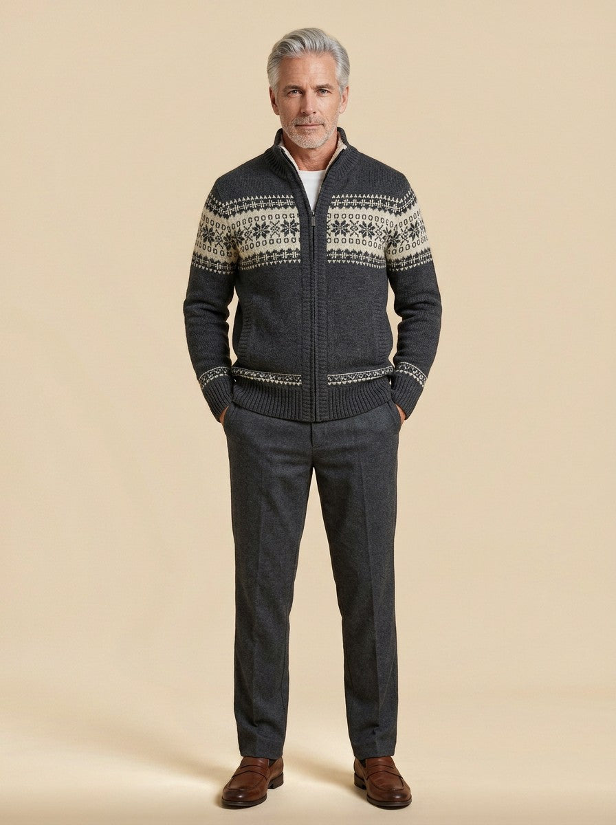 Radcliffe fair isle cardigan in Charcoal, studio, Gentlemens Manor