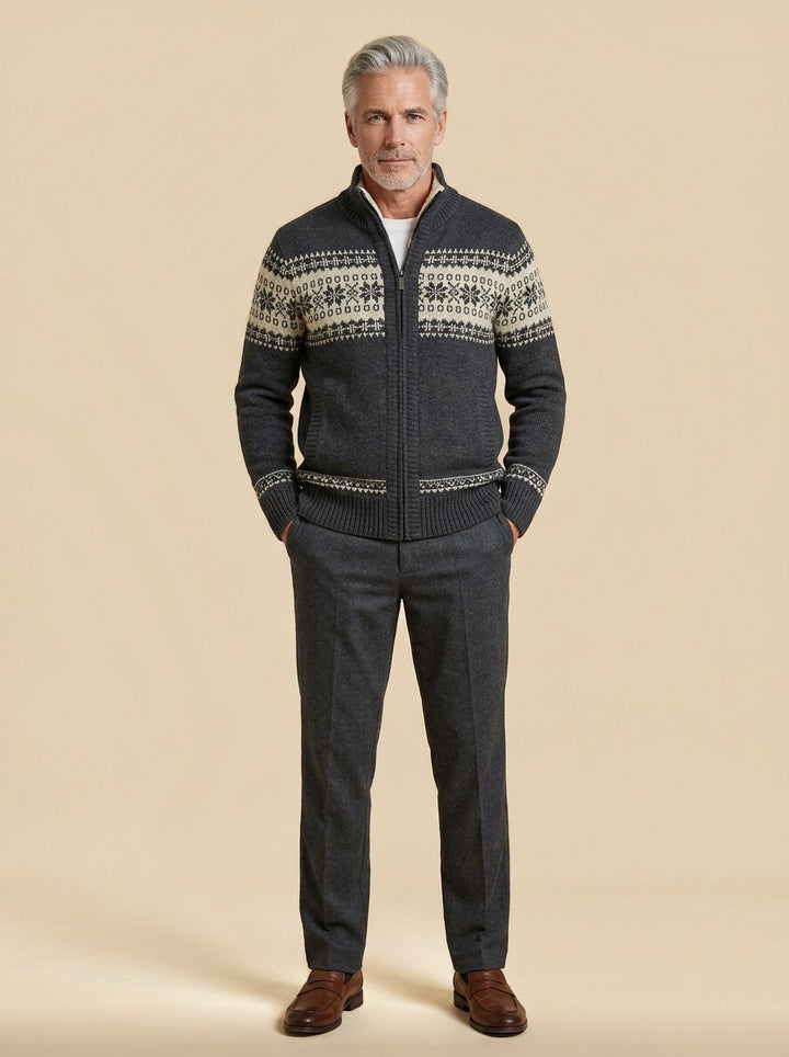 Radcliffe fair isle cardigan in Charcoal, studio, Gentlemens Manor