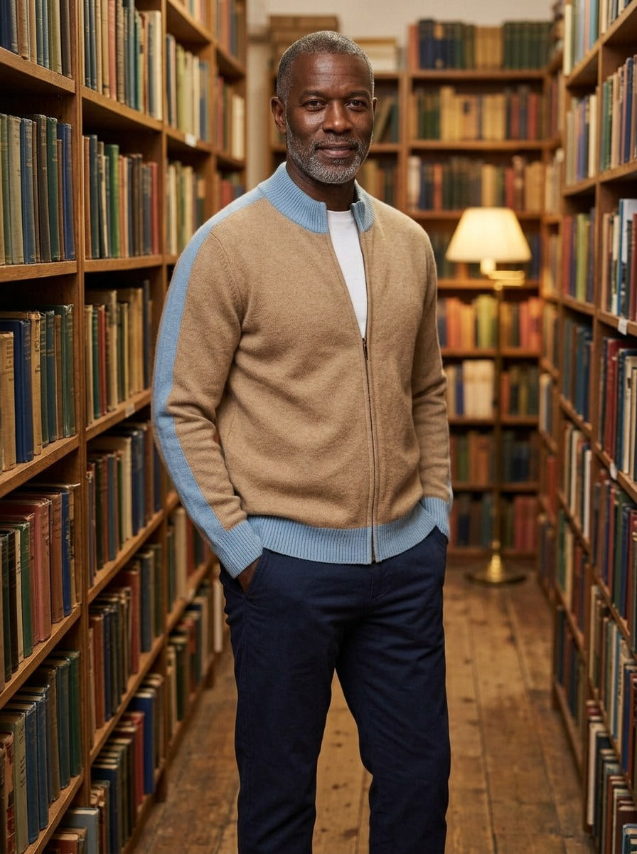 Radford zip cardigan in Camel, lifestyle, Gentlemens Manor