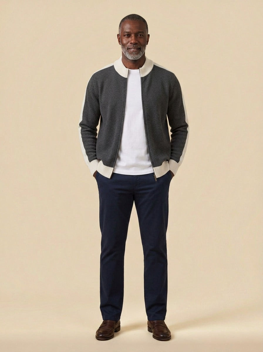 Radford zip cardigan in Charcoal, studio, Gentlemens Manor