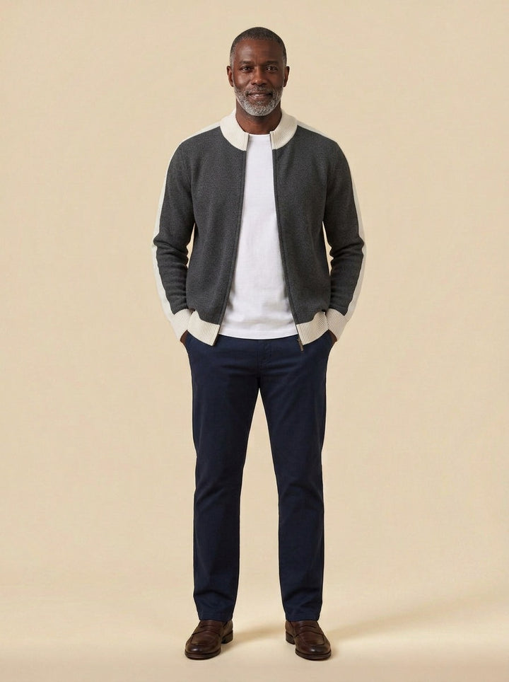 Radford zip cardigan in Charcoal, studio, Gentlemens Manor