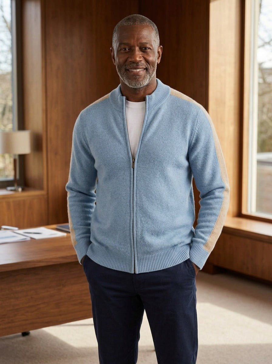 Radford zip cardigan in Light Blue, lifestyle, Gentlemens Manor