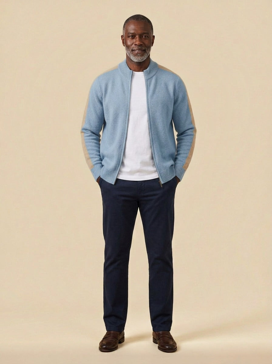 Radford zip cardigan in Light Blue, studio, Gentlemens Manor