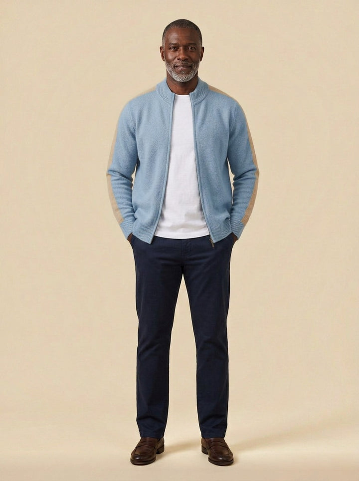 Radford zip cardigan in Light Blue, studio, Gentlemens Manor