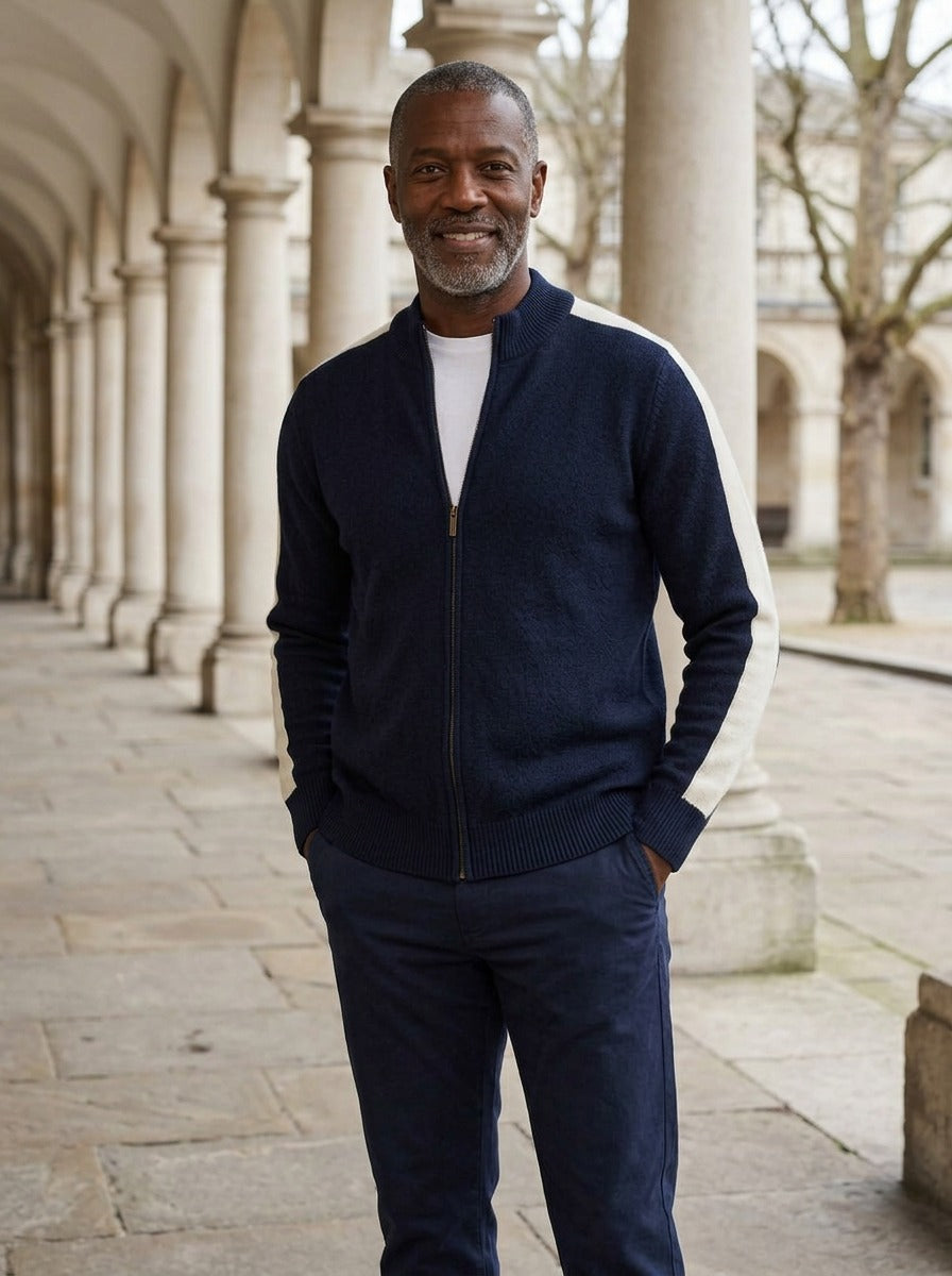 Radford zip cardigan in Navy, lifestyle, Gentlemens Manor