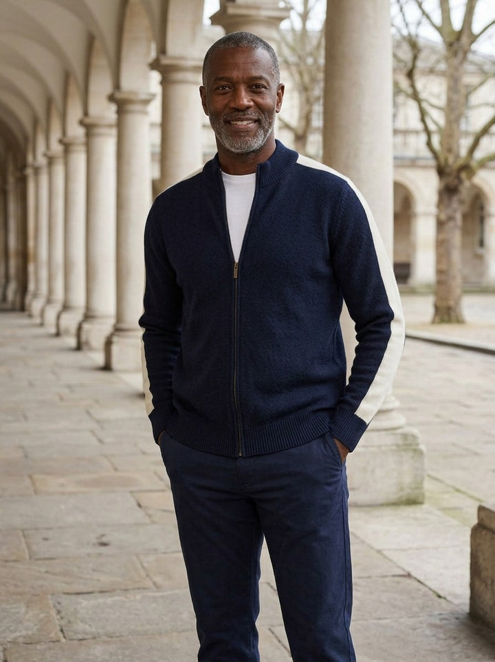 Radford zip cardigan in Navy, lifestyle, Gentlemens Manor