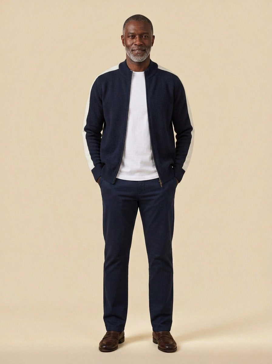 Radford zip cardigan in Navy, studio, Gentlemens Manor