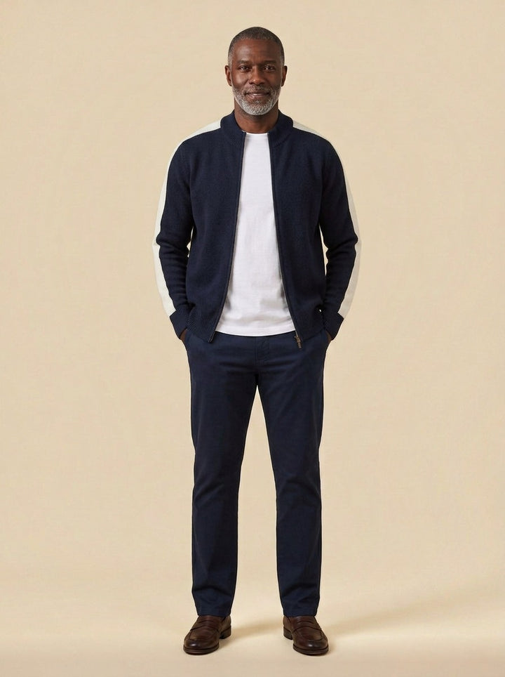 Radford zip cardigan in Navy, studio, Gentlemens Manor