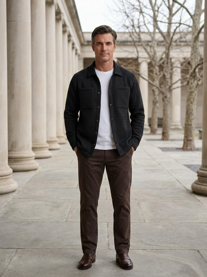 Radley shirt jacket in Black, lifestyle in a stone colonnade, Gentlemens Manor
