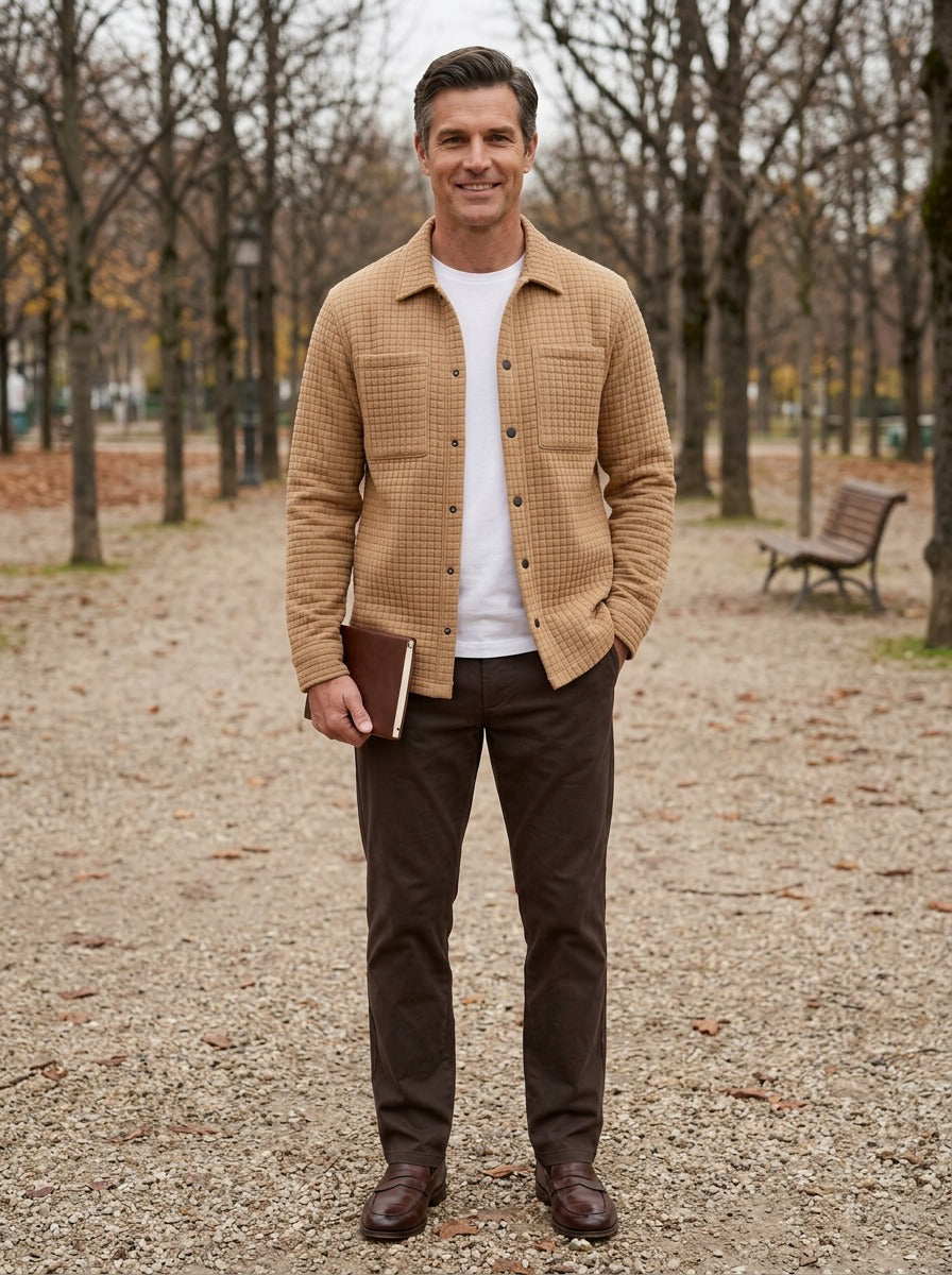 Radley shirt jacket in Camel, lifestyle on a park path, Gentlemens Manor