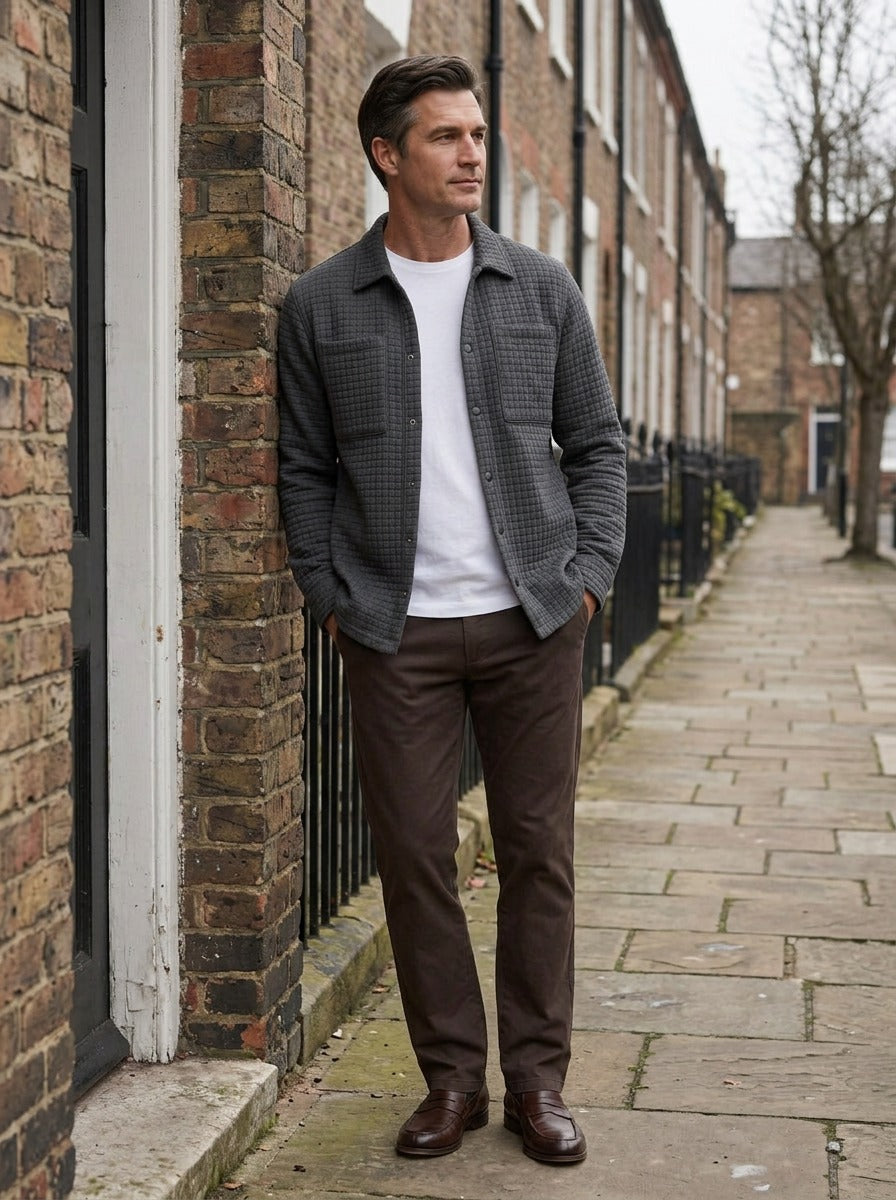 Radley shirt jacket in Charcoal, lifestyle on a street of brick row houses, Gentlemens Manor