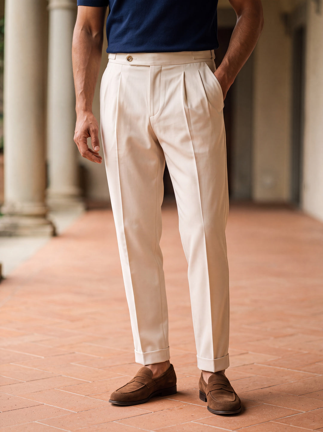 Ralph trousers in Cream, worn by a model in a Mediterranean setting - Gentlemens Manor lifestyle
