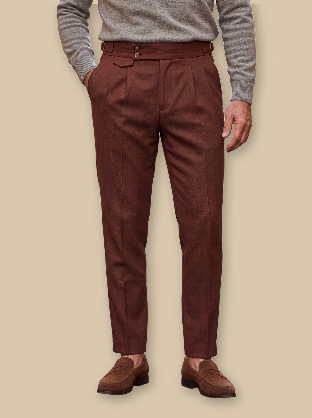 Ramsey trousers in Burgundy, studio - Gentlemens Manor