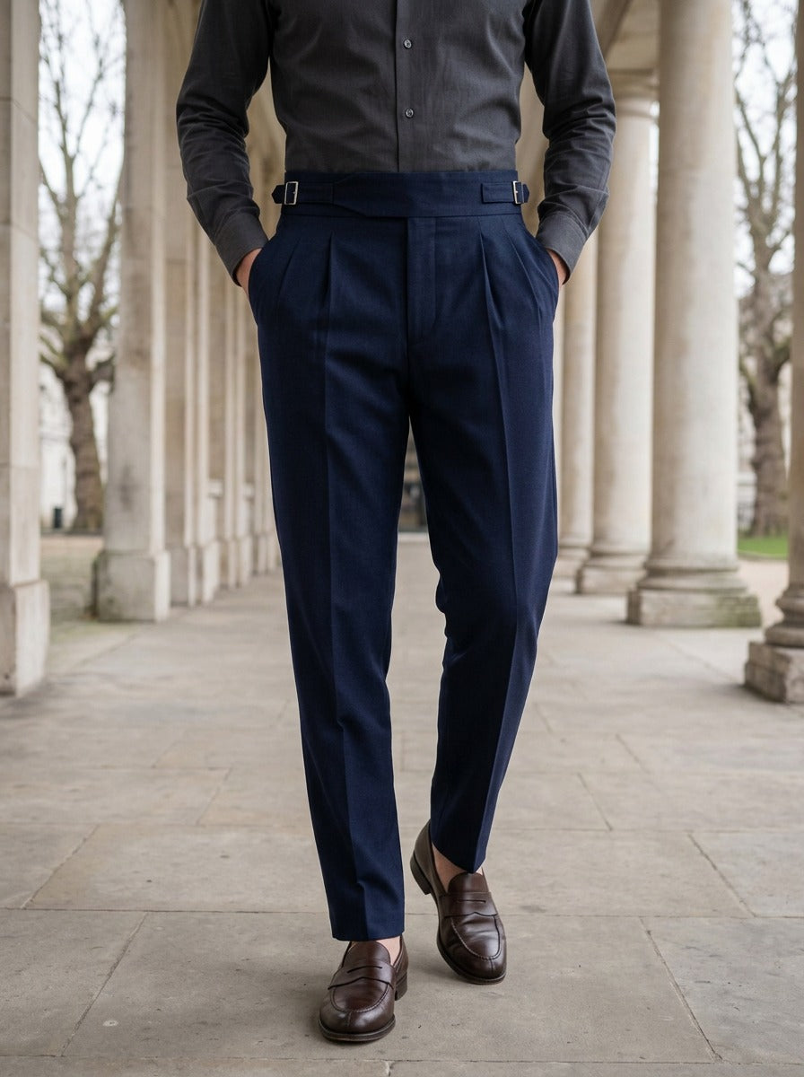 Ravenel gurkha trousers in Navy, lifestyle in a stone colonnade, Gentlemens Manor