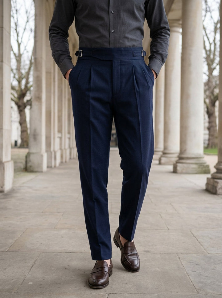 Ravenel gurkha trousers in Navy, lifestyle in a stone colonnade, Gentlemens Manor