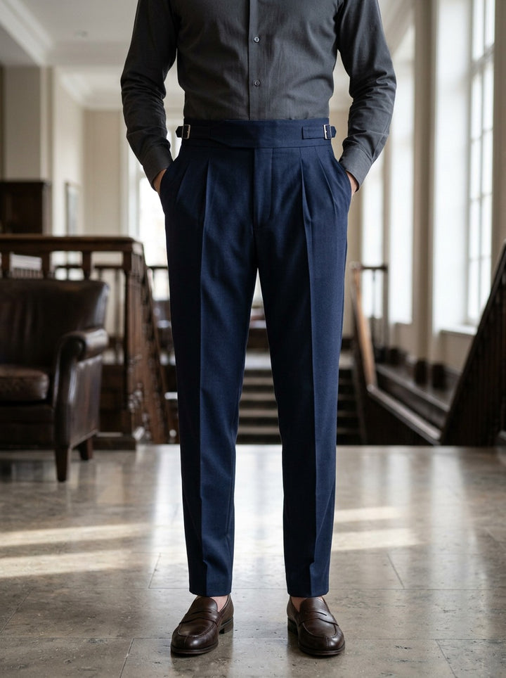 Ravenel gurkha trousers in Navy, lifestyle in a hotel lobby, Gentlemens Manor