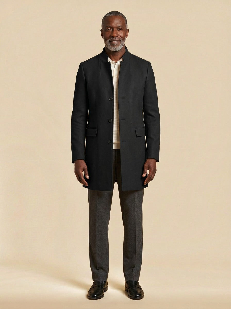 Rawlins stand collar tailored jacket in Black, studio, Gentlemens Manor