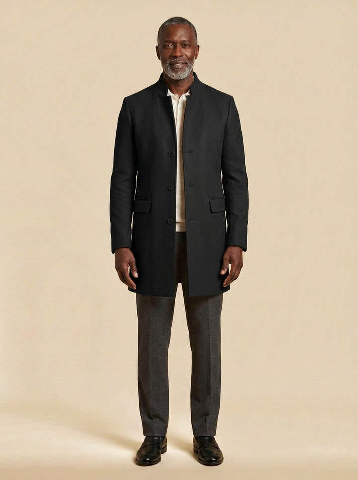 Rawlins stand collar tailored jacket in Black, studio, Gentlemens Manor