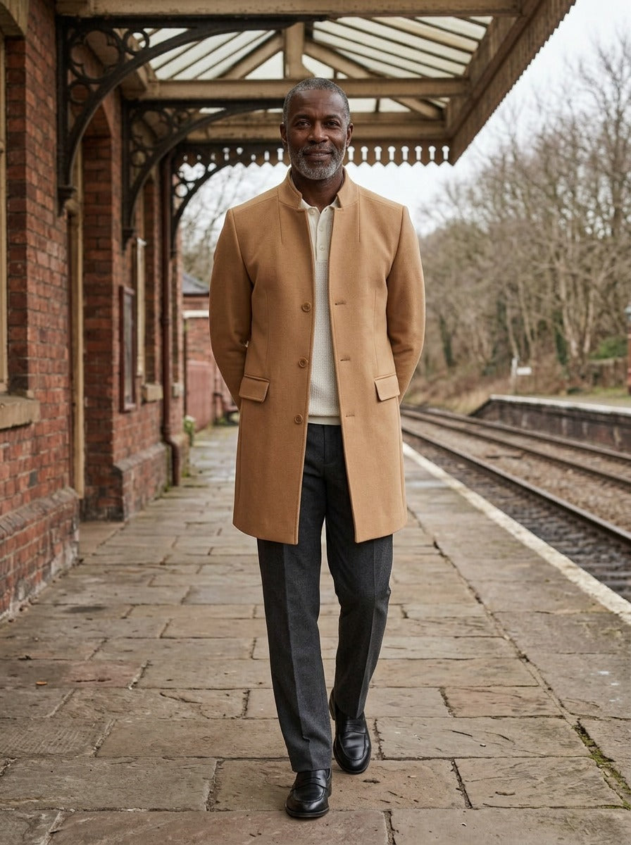 Rawlins stand collar tailored jacket in Camel, lifestyle on a railway platform, Gentlemens Manor