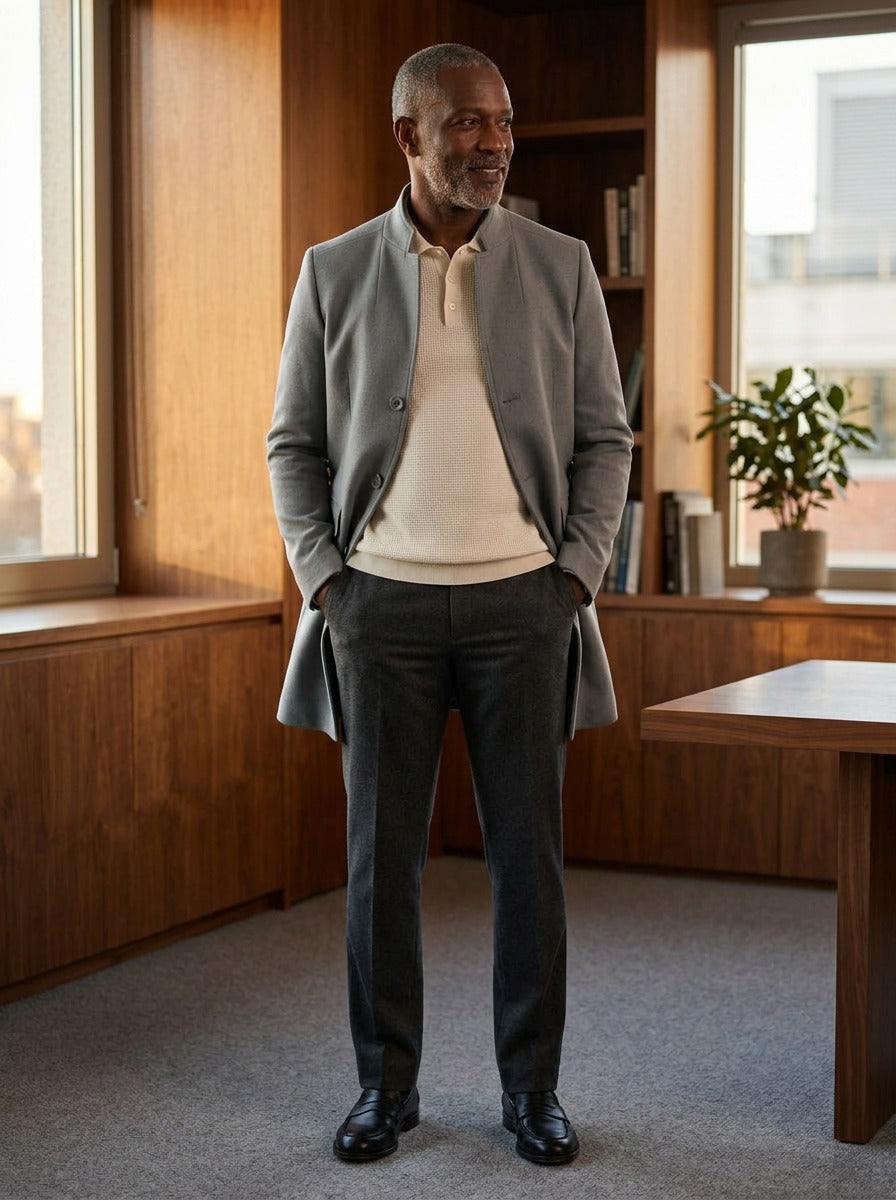 Rawlins stand collar tailored jacket in Grey, lifestyle in a timber paneled office, Gentlemens Manor