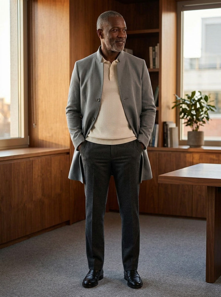 Rawlins stand collar tailored jacket in Grey, lifestyle in a timber paneled office, Gentlemens Manor