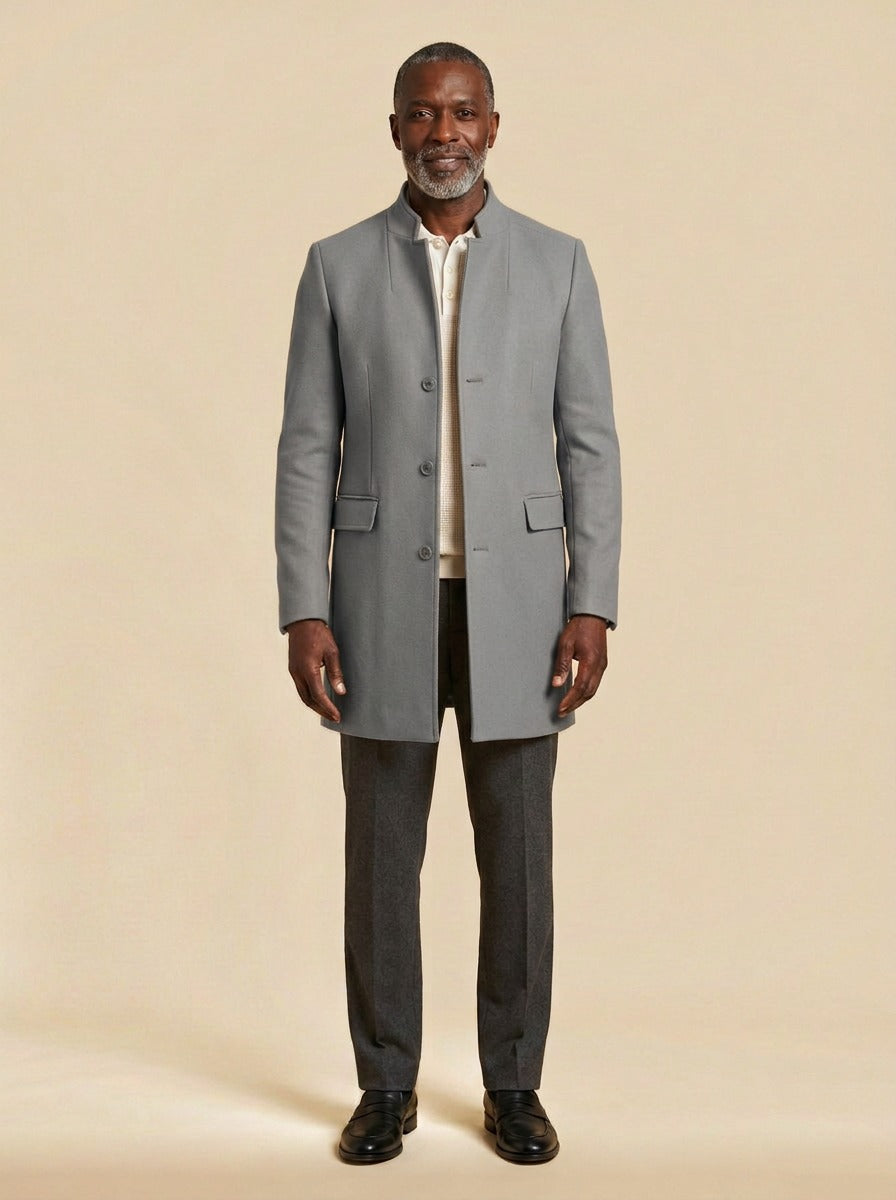 Rawlins stand collar tailored jacket in Grey, studio, Gentlemens Manor