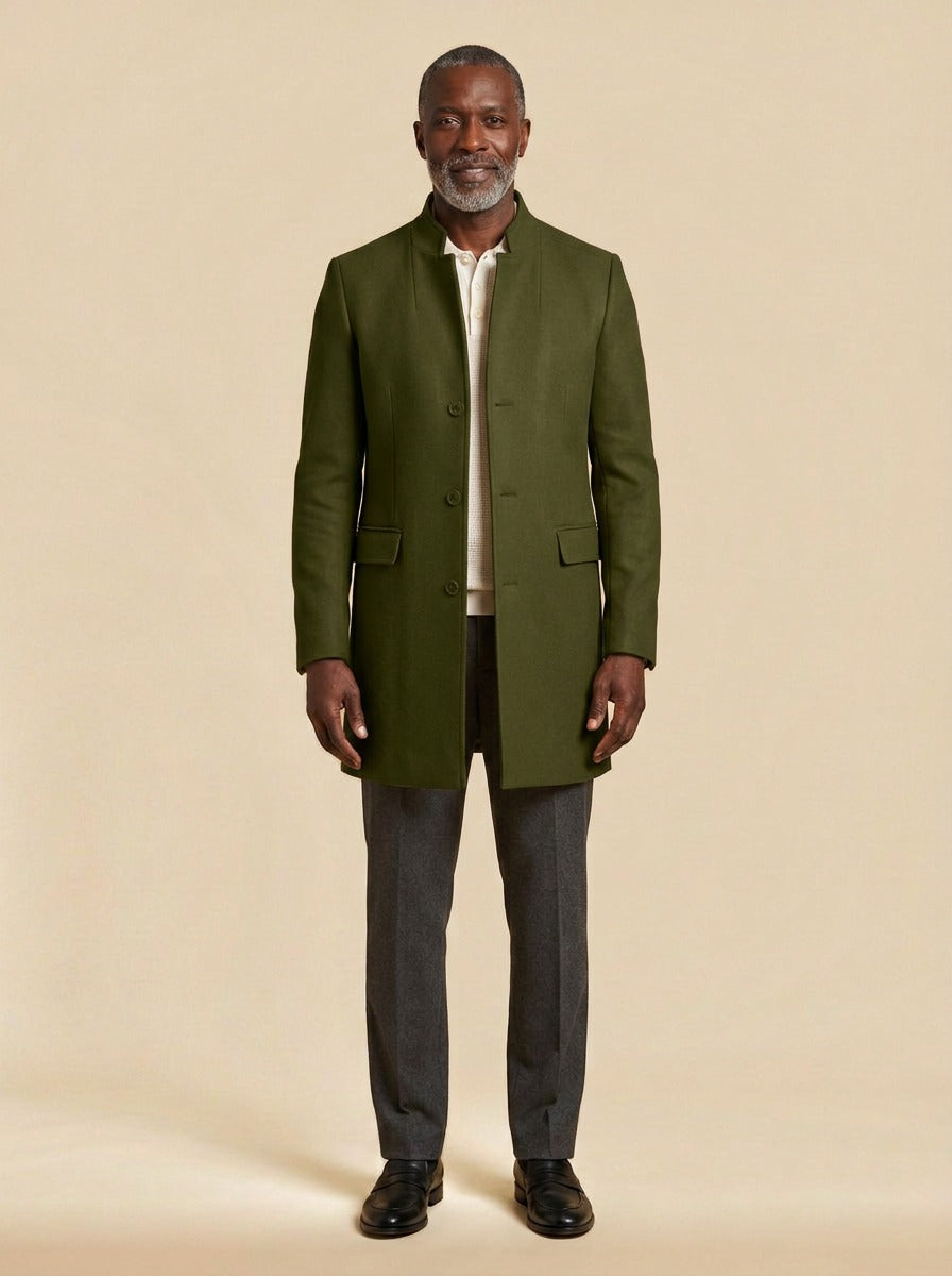 Rawlins stand collar tailored jacket in Olive, studio, Gentlemens Manor