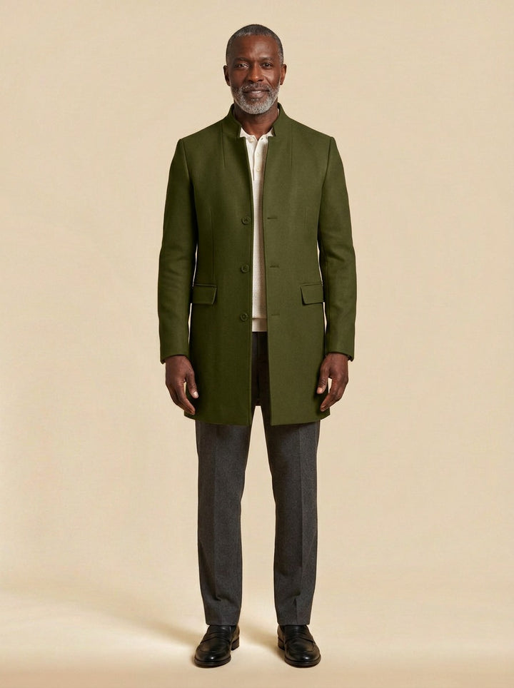 Rawlins stand collar tailored jacket in Olive, studio, Gentlemens Manor