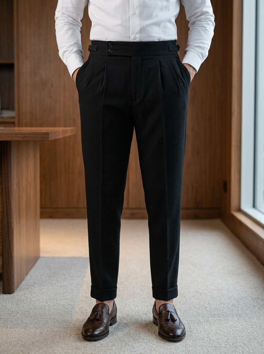 Redfield dress pants in Black, lifestyle in a timber paneled office, Gentlemens Manor